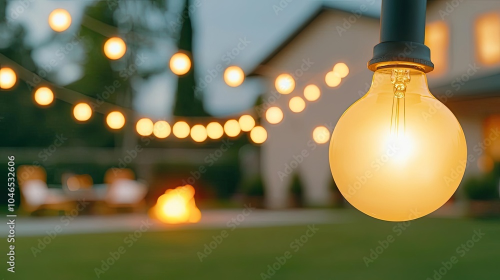 Aufkleber Glowing string light bulb in a cozy backyard setting at dusk.