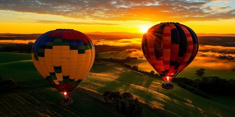 Obraz premium Two hot air balloons soaring above a rolling green landscape at sunrise.