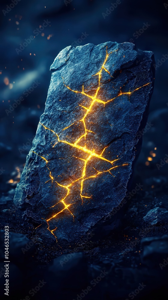 Poster glowing cracked rock with fiery patterns and mystical vibes in dark universe