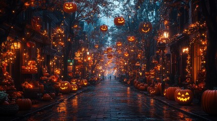 Fototapeta premium A spooky street adorned with glowing pumpkins and autumn decorations.