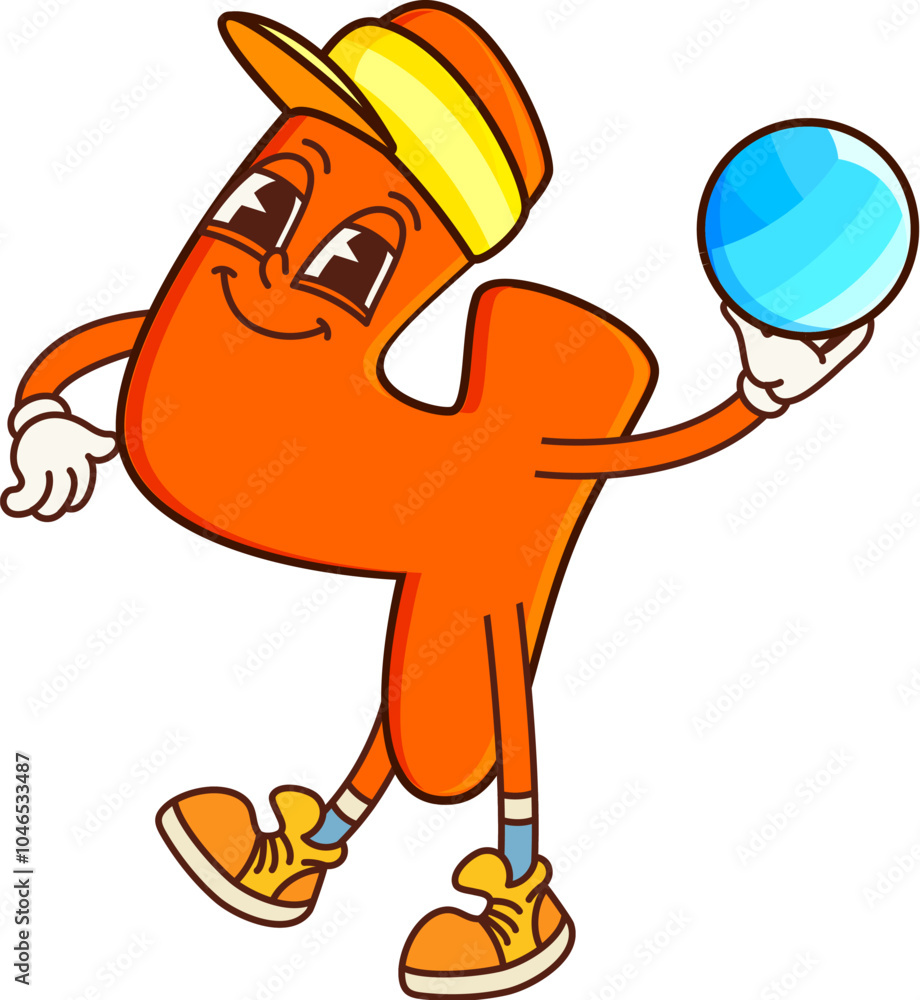 Poster math number four groovy funny character on fitness. kids education number, math numeric symbol or ma