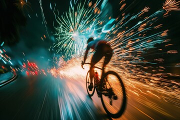 Fahrradfahrer bei Nachtfeier mit Feuerwerk