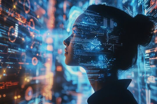 A digital hologram hovers before a futuristic thinker, displaying dynamic data visuals that embody cutting-edge innovation.