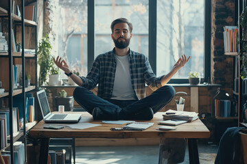 A man is sitting at a desk with a laptop and a stack of papers
