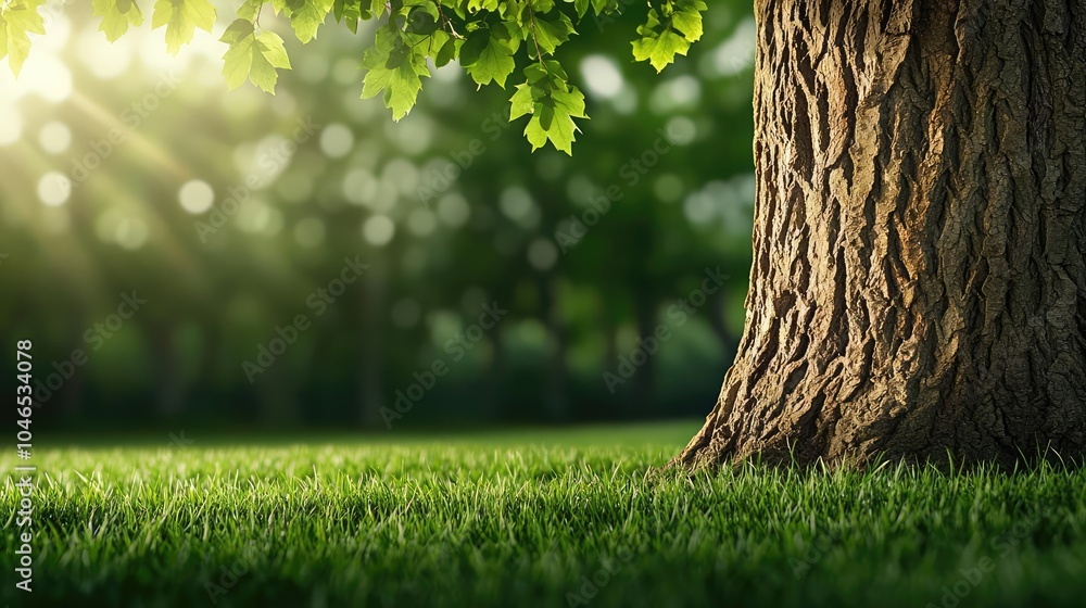 Poster sunlit tree trunk surrounded by lush green grass and leaves in a serene forest.