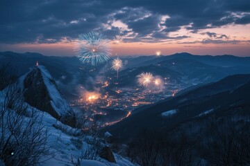 Silvesterfeuerwerk &uuml;ber verschneiten Bergen