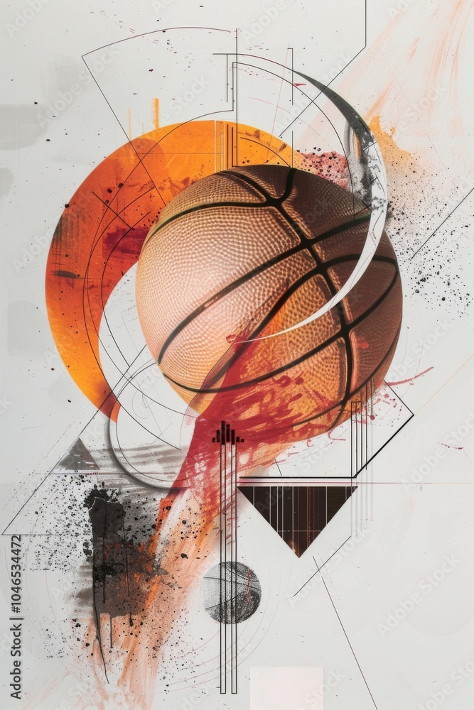 Aufkleber dynamic basketball art: abstract design featuring a basketball with geometric shapes and vivid color