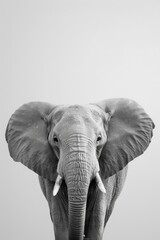 Majestic Black and White Elephant Portrait: Close-Up of an African Elephant with Large Ears and Tusk, Symbolizing Strength and Wisdom in Nature