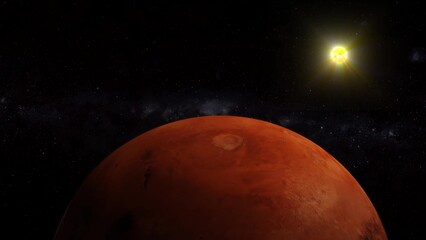 Mars planet with glowing sun on space