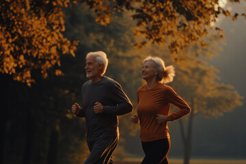 Fototapeta premium A couple of older people are running in a park