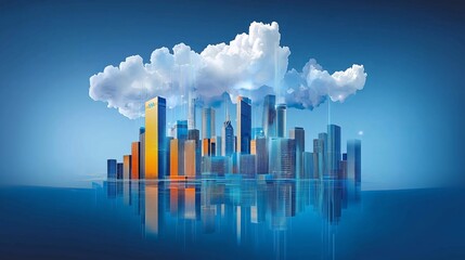A digital city skyline with a cloud above, reflected in a blue water.
