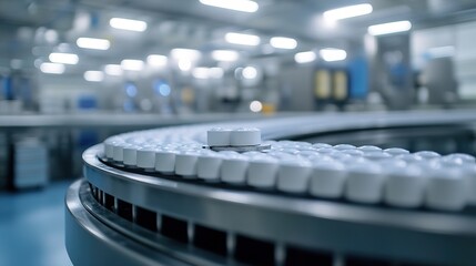 Obraz premium Pharmaceutical manufacturing line producing construction hat