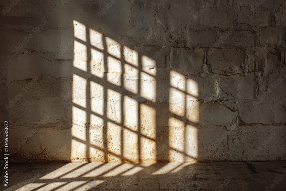 Poster intriguing shadows: sunlight casting grid patterns on an old weathered wall in a minimalist interior