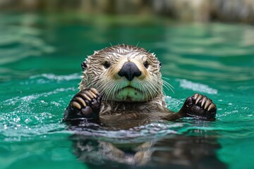 Fototapeta premium A playful otter floating in clear water, showcasing its adorable features.
