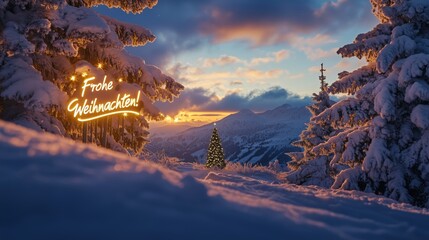 Winterliche Gru&szlig;botschaft "Frohe Weihnachten" in den Bergen