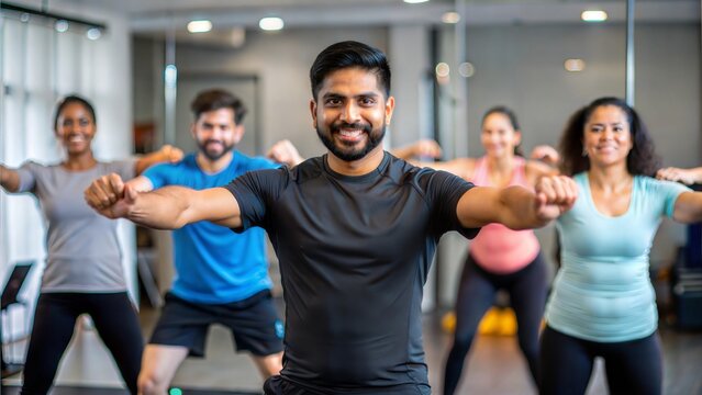 An Indian fitness coach leading a group exercise class in a gym studio.	
