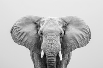 Obraz premium Majestic Black and White Portrait of an Elephant with Large Ears and Ivory Tusks Against a Minimalist Gray Background, Symbolizing Wildlife Conservation.