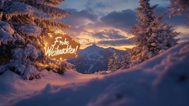 Winterliche Gru&szlig;botschaft "Frohe Weihnachten" in den Bergen
