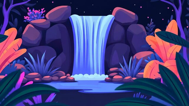 A peaceful waterfall cascades through the rocks under a starry night sky