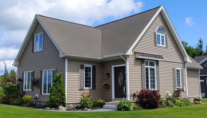 Post-storm house in the southeastern U.S. gets new beige vinyl siding.