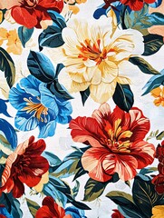 A detailed close-up of vibrant floral patterns on fabric set against a clean white backdrop.