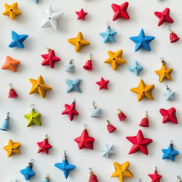Bunte Sterne und Glocken als Weihnachtsdekoration