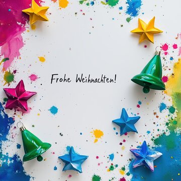 Bunte Weihnachtsdekoration mit Frohe Weihnachten Botschaft