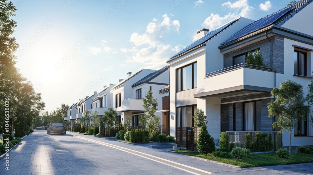 Poster a row of white houses with a car parked in front of the first one
