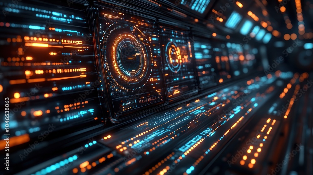 Poster futuristic interface with glowing data displays and panels.