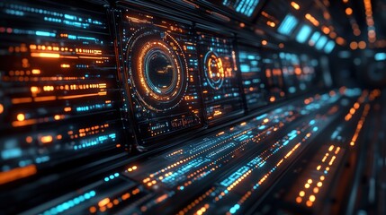 Futuristic interface with glowing data displays and panels.
