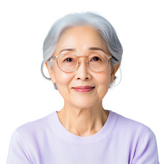 Fototapeta premium East Asian elderly woman grinning, wearing a lavender blouse and gray skirt, isolated on transparent background