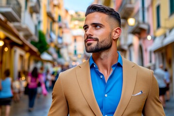 Fototapeta premium Man in a yellow suit and blue shirt is smiling. young man with a stubble beard, stylishly dressed in a camel colored suit with a perfect matching blue shirt, walking through a picturesque street