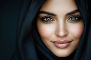 Fototapeta premium Woman with a black head scarf is smiling. She has brown eyes and is wearing makeup. Concept of happiness and warmth. happy Emirati woman wearing black hijab