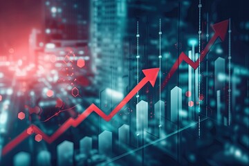 Stock market graph going up with real estate icons and houses in the background, red arrow pointing upwards
