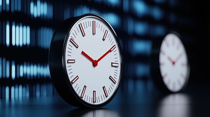 Three clocks on a digital background, symbolizing time management and synchronization in global business