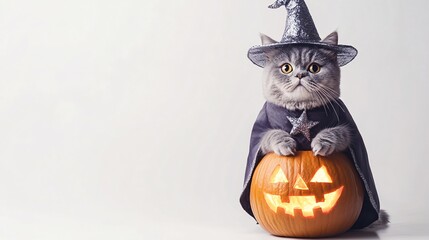 2410 73.A Halloween-themed image of a British cat wearing a witch hat and a starry wizard mantle, sitting on a carved pumpkin. The catâ€™s costume features a magical design, and the jack-o'-lantern