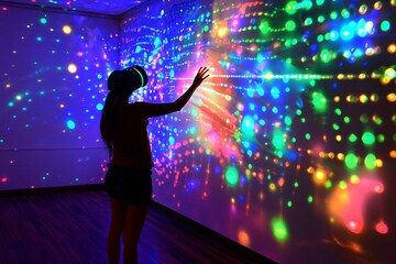 An engaging art display invites viewers to interact with touch-responsive elements that illuminate with vibrant colors and sounds.