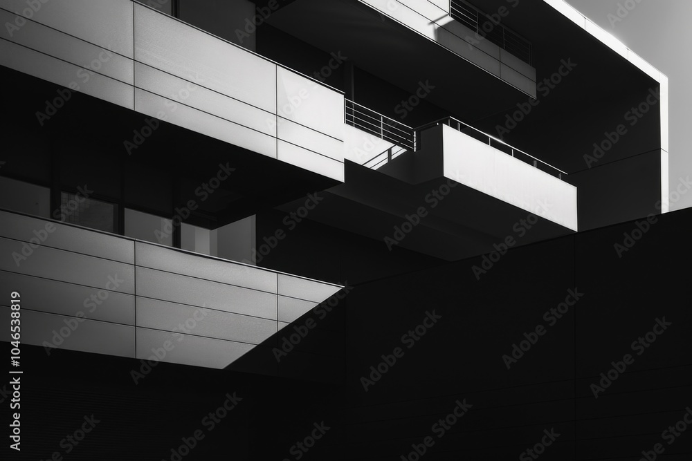 Poster modern architectural facade in monochrome: abstract patterns of balconies and shadows highlighting c