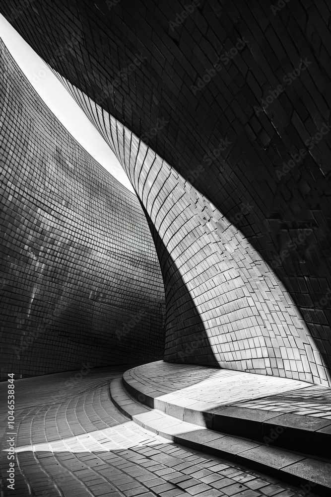 Poster modern architectural interior: black and white curved walls with dynamic lighting, creating an abstr