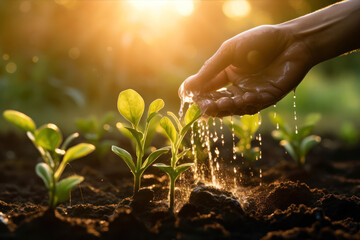 Fototapeta premium Morning sunlight illuminates seedlings being watered in fertile soil