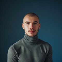 Obraz premium Portrait of an ambitious young man in his early 30s wearing a gray turtleneck against a dark background