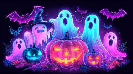 halloween Neon glowing ghosts, pumpkins and bats on a dark background.