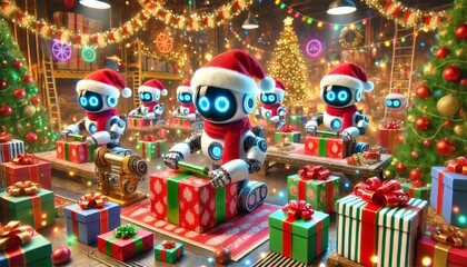 Fototapeta premium Tech-Savvy Santa: Robots Wrapping the Holidays