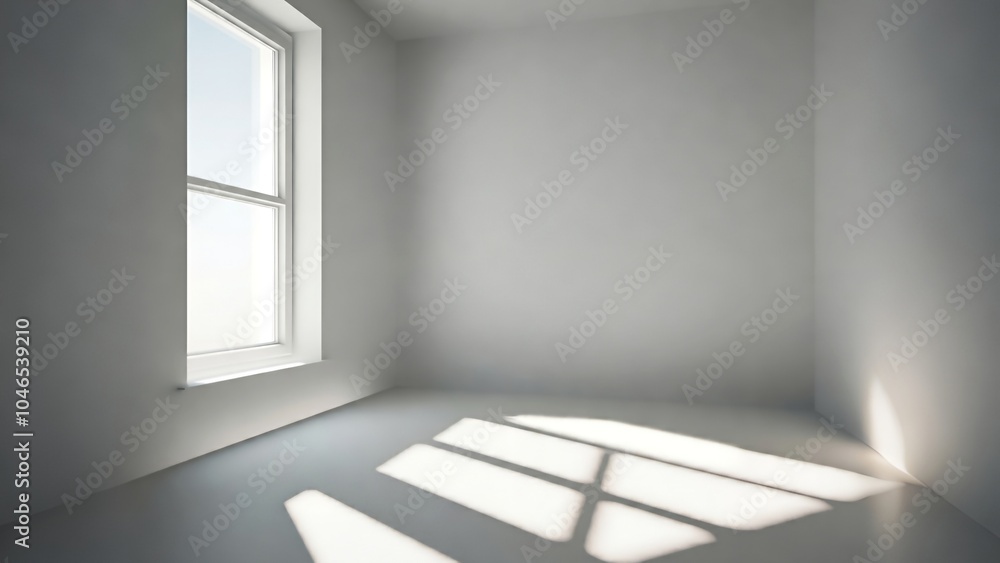 Poster empty room with sunlight casting shadows on the floor through a window.