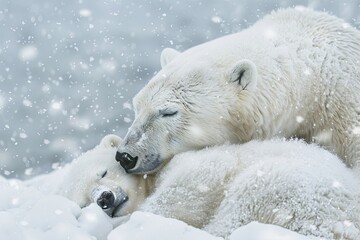 Peaceful Polar Bears Nestled Together in a Snowy Landscape, Surrounded by Glistening Snowflakes, Capturing the Essence of Winters Embrace
