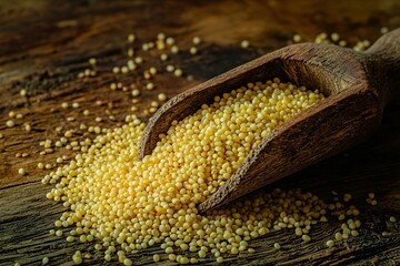 A rustic wooden scoop overflows with nutty grains, highlighting their rich tones and perfect suitability for nutritious dishes.