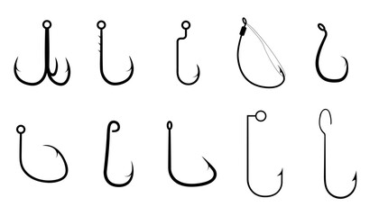 Fish hook icon set. Collection os different types Fishing hook. Worm, weedless, treble,  bait holder,  octopus, jig, sivash. Simple black vector hook silhouette