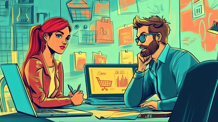 Ecommerce consultant advises client for online sales growth in colorful cartoon illustration