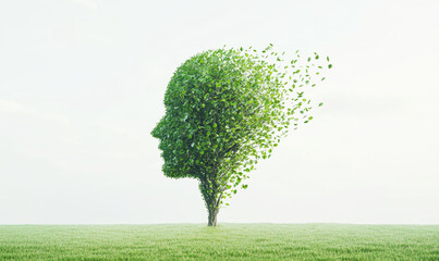 Tree shaped as human head with leaves blowing in the wind