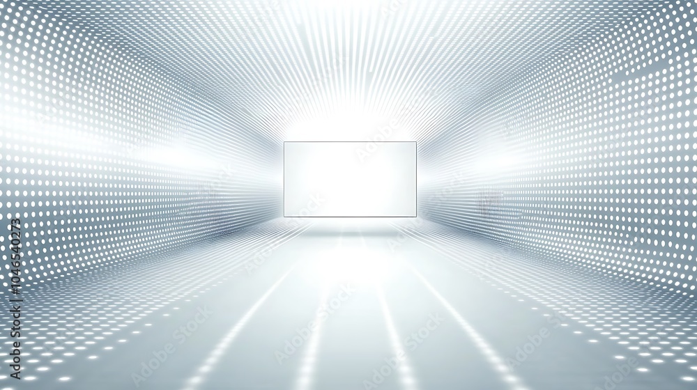 Poster abstract white and grey futuristic room with white glowing lines and a white glowing square in the m